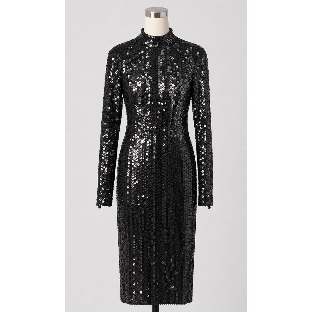Vintage Black Sequin Dress Long Sleeve 1980s Glam Sparkle - Picture 10 of 10